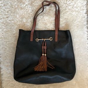 Black and Cognac Fringe Tote Bag